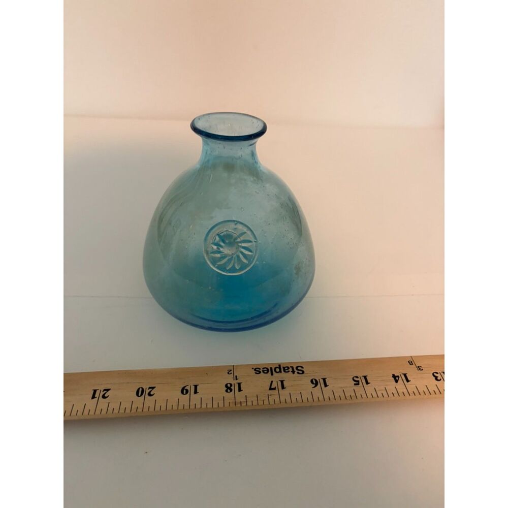 Hand blown aquamarine blue bubble glass vase with applied medallion